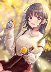 Rule 34 | 1girl, :d, absurdres, akowazaki, aran sweater, autumn, autumn leaves, bamboo, bamboo broom, between legs, blurry, blurry background, blush, breasts, broom, brown hair, cable knit, collarbone, commentary request, day, depth of field, food, ginkgo tree, hair ornament, hairclip, highres, holding, holding food, large breasts, leaf, long sleeves, looking at viewer, maple leaf, medium breasts, miniskirt, open mouth, original, outdoors, pleated skirt, pov, purple eyes, red skirt, short hair, sitting, skirt, smile, solo, suspender skirt, suspenders, sweater, sweet potato, thighs, white sweater