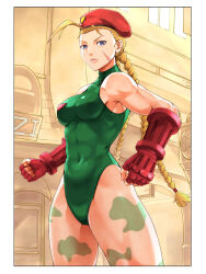 Rule 34 | 1girl, abs, ahoge, beret, blonde hair, blue eyes, bodypaint, braid, breasts, cammy white, commentary request, covered navel, cowboy shot, facial scar, fingerless gloves, gloves, green leotard, hat, heattech leotard, highleg, highleg leotard, highres, huge ahoge, leotard, long hair, looking at viewer, medium breasts, red gloves, red hat, scar, scar on cheek, scar on face, solo, standing, street fighter, turtleneck, tuzi717, twin braids