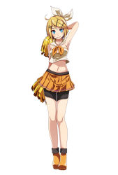 Rule 34 | 1girl, ahoge, arm behind back, arm behind head, arm up, armpits, bike shorts, black shorts, blonde hair, bow, cheerleader, collarbone, crop top, full body, hair between eyes, hair ornament, hairband, highres, kagamine rin, looking at viewer, midriff, miniskirt, navel, pleated skirt, pom pom (cheerleading), project diva (series), short hair, shorts, shorts under skirt, simple background, sing&amp;smile (vocaloid), skirt, solo, standing, stomach, strapless, swept bangs, tsukishiro saika, vocaloid, white background, white hairband, yellow bow, yellow footwear, yellow skirt