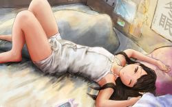 Rule 34 | 10s, 1girl, armpits, bare arms, bare legs, bare shoulders, barefoot, black hair, breasts, brown eyes, cellphone, expressionless, hatsuyuki (kancolle), highres, kanrobi, kantai collection, knees up, long hair, lying, nightgown, on back, on bed, one eye closed, phone, pillow, poster (object), small breasts, smartphone, solo