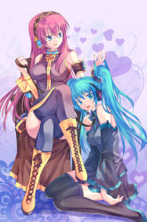 Rule 34 | 2girls, aqua hair, bad id, bad pixiv id, boots, crossed legs, detached sleeves, hatsune miku, headset, highres, knee boots, leash, long hair, megurine luka, multiple girls, pico (picollector79), sitting, skirt, tears, thighhighs, twintails, very long hair, vocaloid