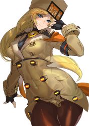 Rule 34 | 1girl, ashiomi masato, black gloves, blonde hair, blue eyes, blush, brown coat, brown pantyhose, coat, commentary request, fingerless gloves, fur hat, gloves, guilty gear, guilty gear strive, hand on own face, hat, long hair, millia rage, pantyhose, solo, ushanka