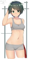 Rule 34 | 10s, 1girl, arm at side, arm up, armpits, bare arms, black hair, boyshort panties, bra, breasts, collarbone, cowboy shot, green eyes, green hair, grey bra, hand in own hair, hand on own head, isshiki (ffmania7), kantai collection, looking at viewer, matching hair/eyes, mogami (kancolle), navel, short hair, short shorts, shorts, signature, small breasts, smile, solo, sports bra, stomach, swept bangs, tank top, twitter username, underwear, underwear only