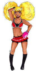 Rule 34 | 1girl, afro, afro puffs, alternate costume, arm behind head, arm up, black bra, black footwear, black shorts, blonde hair, boxer, boxing, boxing gloves, boxing shorts, bra, breasts, calf boots, cleavage, collarbone, danganronpa (series), danganronpa another episode: ultra despair girls, dark-skinned female, dark skin, female focus, full body, grey eyes, highres, letwork, lips, lipstick, looking at viewer, makeup, medium breasts, multicolored bra, multicolored clothes, muscular, muscular female, navel, open mouth, pink lips, pleated skirt, red bra, red skirt, second-party source, second generation enoshima junko, shorts, signature, skirt, solo, sports bra, sportswear, standing, teeth, traditional media, underwear