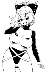 Rule 34 | 1girl, absurdres, adapted costume, blush, bow, breasts, cowboy shot, greyscale, groin, hair bow, high contrast, highres, himajin noizu, kurodani yamame, large breasts, looking at viewer, monochrome, open mouth, short hair, simple background, solo, touhou, w