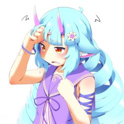 Rule 34 | 1girl, ahoge, animal ear fluff, animal ears, arm up, blue hair, blunt bangs, bracelet, delmin (show by rock!!), drill hair, facing away, fingernails, frown, furrowed brow, hair lift, hair ornament, hand up, highres, hinotama (hinotama422), horns, jewelry, light blue hair, long hair, multicolored eyes, nail polish, open mouth, pink horns, purple nails, purple ribbon, purple sailor collar, red eyes, ribbon, sailor collar, show by rock!!, simple background, sleeveless, solo, sweat, upper body, very long hair, white background, yellow eyes