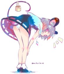 Rule 34 | 1girl, alternate eye color, animal ears, ass, basket, bent over, capelet, character name, colorful, dress, flat ass, from behind, full body, grey hair, jewelry, mouse ears, mouse tail, nazrin, necklace, panties, pantyshot, piano (mymel0v), pink eyes, shoes, short hair, simple background, solo, tail, touhou, underwear, white background, white panties