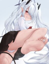 Rule 34 | 1girl, absurdres, barefoot, black skirt, black tail, blue archive, blush, clenched teeth, dark-skinned female, dark skin, demon tail, feet, foot focus, foreshortening, grey hair, grey halo, gueya, hair over one eye, halo, highres, iori (blue archive), long hair, long sleeves, looking at viewer, panties, pointy ears, red eyes, shirt, skirt, soles, solo, tail, teeth, toes, twintails, underwear, white panties, white shirt