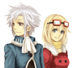 Rule 34 | 00s, 1boy, 1girl, blonde hair, blue eyes, brother and sister, brown eyes, ginji (tales), ginji (toa), goggles, goggles on head, lowres, miho (mi), mole, noelle, noelle (tales), siblings, tales of (series), tales of the abyss, white hair