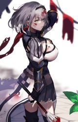 Rule 34 | 1girl, absurdres, armor, belt, belt pouch, black gloves, black skirt, black thighhighs, blood, blood on face, blood splatter, bloody weapon, braid, breasts, cleavage, commentary, cowboy shot, fingerless gloves, from side, gloves, grey eyes, hair between eyes, highres, holding, holding weapon, hololive, large breasts, leaf, looking at viewer, mace, mole, mole on breast, parted lips, pouch, red scarf, scarf, shirogane noel, shirogane noel (1st costume), shirt, short hair, silver hair, skirt, solo, strap, thighhighs, thighs, tiara, vambraces, virtual youtuber, waist cape, weapon, white shirt, wing collar, yakihoko