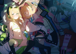 Rule 34 | 2girls, animal ear headphones, animal ears, bed, blonde hair, blue archive, blush, bra, breasts, cat ear headphones, child, commentary request, controller, fake animal ears, flat chest, game console, game controller, green eyes, headphones, indoors, looking at viewer, lying, midori (blue archive), momoi (blue archive), multiple girls, navel, on back, on side, open clothes, panties, pillow, school uniform, shamonabe, short hair, siblings, sisters, sleeping, small breasts, spread legs, striped clothes, striped panties, thighhighs, thighs, twins, underwear
