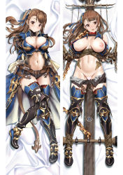Rule 34 | 10s, armor, arms behind back, asymmetrical bangs, beatrix (granblue fantasy), belt, breasts, breasts apart, breasts out, brown eyes, brown hair, censored, cleavage, clothes lift, clothes pull, clothing cutout, collar, dakimakura (medium), granblue fantasy, greaves, hair ornament, hair ribbon, heart, heart censor, highres, knees together feet apart, large breasts, long hair, looking at viewer, lying, mahan (clock hearts), multiple views, navel, navel cutout, nipple slip, nipples, on back, one side up, open fly, open mouth, open pants, pants, pants pull, red legwear, restrained, ribbon, shirt lift, short shorts, shorts, smile, thighhighs, turtleneck