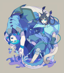 1girl 2boys baggy_pants beaker black_hair blue_cape blue_eyes blue_hair blue_pants blue_skirt blue_theme blue_tunic body_fur braid cape cat_girl commentary_request fangs flask full_body furry furry_female grey_background grey_fur ketaru lamia_boy long_hair looking_at_viewer monster_boy multiple_boys original pants pixiv_fantasia pixiv_fantasia_fallen_kings short_hair simple_background skirt slit_pupils tail tunic twin_braids