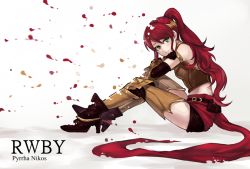 Rule 34 | 1girl, asa (teng zi), bad id, bad pixiv id, black box, boots, breasts, character name, copyright name, dissolving, elbow gloves, forehead protector, gloves, green eyes, high heel boots, high heels, long hair, looking at viewer, medium breasts, ponytail, pyrrha nikos, red hair, rwby, sitting, smile, solo, spoilers, teng zi, thighhighs