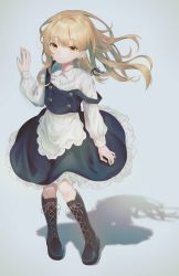 Rule 34 | 1girl, apron, black bow, black dress, black footwear, blonde hair, boots, bow, braid, buttons, closed mouth, collar, collared shirt, dress, grey background, hair between eyes, hair bow, hand up, highres, kirisame marisa, long hair, long sleeves, looking at viewer, no headwear, sachina 417, shadow, shirt, simple background, single braid, solo, standing, touhou, wall, white apron, white shirt, yellow eyes
