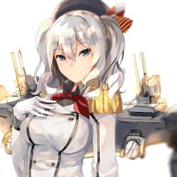 Rule 34 | 10s, 1girl, bad id, bad twitter id, beret, blurry, blush, breasts, buttons, closed mouth, collared shirt, depth of field, double-breasted, epaulettes, fuotchan, grey shirt, hair between eyes, hand on own chest, hat, kantai collection, kashima (kancolle), looking at viewer, medium breasts, rigging, shirt, silver hair, simple background, sketch, smile, solo, twintails, wavy hair, white background