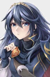 Rule 34 | 1girl, armor, black sweater, blue cape, blue eyes, blue gloves, blue hair, blush, cape, closed mouth, commentary, fingerless gloves, fire emblem, fire emblem awakening, gloves, grey background, hair between eyes, high collar, jewelry, long hair, looking at viewer, lucina (fire emblem), nintendo, red cape, shoulder armor, simple background, solo, sweater, ten (tenchan man), tiara, turtleneck, turtleneck sweater, two-tone cape