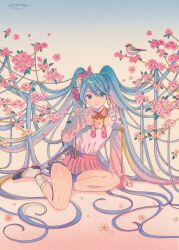 Rule 34 | 1girl, absurdly long hair, aqua hair, bird, blue background, blue eyes, dated, detached sleeves, flower, frilled sleeves, frills, full body, gradient background, highres, long hair, long sleeves, looking at viewer, original, pink background, pink flower, pink shirt, pink skirt, pleated skirt, shirt, shoes, sitting, skirt, solo, tree, very long hair, yuuinami