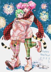 Rule 34 | 2girls, absurdres, animal ears, blush, boots, bright pupils, brown eyes, brown footwear, brown sweater, chinese zodiac, dated, earmuffs, fake animal ears, green pantyhose, happy birthday, highres, hug, hug from behind, m rgfn, macross, macross delta, makina nakajima, matching outfits, medium hair, multiple girls, one eye closed, open mouth, pantyhose, red scarf, reina prowler, scarf, sex toy, shadow, shared clothes, shared scarf, short hair, smile, snow, sweater, tiger, tiger ears, trembling, twintails, unmoving pattern, vibrator, walking, white pupils, year of the tiger, yuri