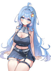 1girl :3 absurdres ahoge bare_arms bare_shoulders belt blue_eyes blue_hair blue_shirt blue_skirt breasts cleavage cleavage_cutout closed_mouth clothing_cutout commission crop_top hair_between_eyes hair_ornament hairclip highres hovaku large_breasts long_hair looking_at_viewer midriff miniskirt mole mole_on_breast navel original pleated_skirt revealing_clothes shirt side_cutout sideboob simple_background sitting skindentation skirt sleeveless sleeveless_shirt smile solo star_(symbol) star_hair_ornament thigh_strap thighs very_long_hair white_background