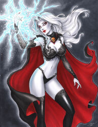 Rule 34 | 1girl, absurdres, arm up, black bra, black cape, black footwear, black panties, blank eyes, boots, bra, breasts, cape, cleavage, colored skin, dawn mcteigue, electricity, electrokinesis, eyeshadow, highres, lace, lace bra, lady death, lady death (character), large breasts, long hair, makeup, navel, panties, red cape, red eyeshadow, red lips, red nails, signature, solo, thigh boots, two-sided cape, two-sided fabric, underwear, white hair, white skin