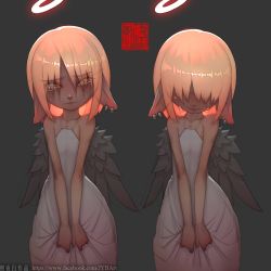 Rule 34 | 1girl, black wings, blonde hair, blush, chinese text, closed mouth, commentary request, dress, ear piercing, facebook username, grey background, hair over eyes, looking at viewer, multiple views, original, piercing, pointy ears, short hair, simple background, standing, sundress, tears, white dress, wings, yellow eyes, zhaoyebai