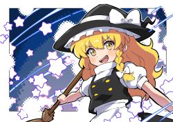 Rule 34 | 1girl, apron, black hat, black skirt, black vest, blonde hair, blush, border, bow, breasts, broom, buttons, commentary request, danmaku, hat, hat bow, highres, holding, holding broom, kirisame marisa, long hair, miz (mizillustration), open mouth, shirt, skirt, small breasts, star (symbol), teeth, touhou, upper teeth only, v-shaped eyebrows, vest, waist apron, white apron, white border, white bow, white shirt, witch, witch hat, yellow eyes