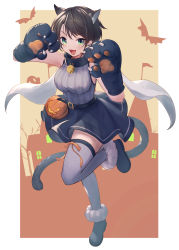 Rule 34 | 1girl, :d, absurdres, adapted costume, alternate color, animal ears, animal hands, black skirt, breasts, brown hair, cat ears, cat girl, cat tail, commentary, fang, full body, gloves, green eyes, grey shirt, grey thighhighs, halloween, highres, hololive, impossible clothes, impossible shirt, knee up, light blush, looking at viewer, medium breasts, miniskirt, oozora subaru, oozora subaru (work), open mouth, paw gloves, shirt, short hair, skirt, sleeveless, sleeveless shirt, smile, solo, standing, standing on one leg, striped clothes, striped shirt, swept bangs, tail, thick thighs, thighhighs, thighs, tokisaka makoto, vertical-striped clothes, vertical-striped shirt, virtual youtuber, w arms