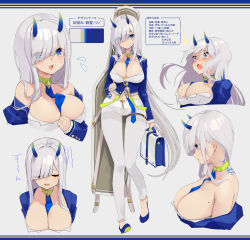 Rule 34 | 1girl, :d, between breasts, blue eyes, blue footwear, blue jacket, blush, breasts, choker, cleavage, closed eyes, closed mouth, collarbone, color guide, commentary request, eyes visible through hair, flying sweatdrops, green choker, grey background, grey hair, hair over one eye, highres, horns, jacket, large breasts, long hair, mole, mole on breast, multiple views, necktie, necktie between breasts, open mouth, original, osisio, pants, shirt, shoes, smile, standing, standing on one leg, translation request, very long hair, white pants, white shirt