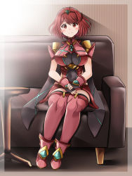 Rule 34 | 1girl, black gloves, breasts, chest jewel, earrings, fingerless gloves, gloves, highres, jewelry, kurokaze no sora, large breasts, pyra (xenoblade), red eyes, red hair, red shorts, red thighhighs, short hair, short shorts, shorts, swept bangs, thighhighs, tiara, xenoblade chronicles (series), xenoblade chronicles 2