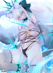 Rule 34 | 1girl, animal ears, bare shoulders, black bow, black panties, blue eyes, bow, braid, breasts, cleavage, cosplay, elbow gloves, fate/grand order, fate (series), french braid, fur-trimmed gloves, fur-trimmed legwear, fur collar, fur trim, gloves, grey gloves, grey hair, grey thighhighs, hair bow, highleg, highleg panties, highres, lace, lace-trimmed legwear, lace trim, large breasts, long hair, looking at viewer, mash kyrielight, mash kyrielight (dangerous beast), mash kyrielight (dangerous beast) (cosplay), morgan le fay (fate), navel, o-ring, panties, ponytail, revealing clothes, sanazura hiroyuki, sidelocks, spikes, tail, thighhighs, thighs, tiara, underwear, very long hair, wolf ears, wolf tail