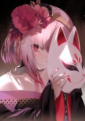 Rule 34 | 1girl, absurdres, alternate hair length, alternate hairstyle, black kimono, blush, closed mouth, comb, commentary, detached collar, english commentary, eyes visible through hair, flower, fox mask, frown, furrowed brow, hair between eyes, hair flower, hair ornament, hair stick, hairband, highres, holding, holding mask, hololive, hololive english, japanese clothes, kimono, looking at viewer, mask, mori calliope, mori calliope (new year), nail polish, off shoulder, official alternate costume, one eye covered, pink eyes, pink flower, pink hair, pola (1021), portrait, red nails, shade, short hair, solo, tassel, virtual youtuber, wide sleeves