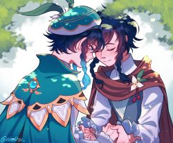 Rule 34 | 2boys, androgynous, beret, black hair, blue hair, braid, brown cloak, cape, cloak, closed eyes, closed mouth, collared cape, commentary, crying, crying with eyes open, einelitas, english commentary, flower, frilled sleeves, frills, genshin impact, gradient hair, green eyes, green headwear, hat, hat flower, highres, holding hands, leaf, long sleeves, male focus, multicolored hair, multiple boys, nameless bard (genshin impact), shirt, short hair with long locks, smile, tassel, tears, twin braids, venti (genshin impact), white flower, white shirt