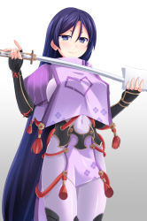 Rule 34 | 1girl, bodysuit, breasts, covered navel, cross (crossryou), fate/grand order, fate (series), fingerless gloves, gloves, large breasts, long hair, looking at viewer, minamoto no raikou (fate), purple eyes, purple hair, simple background, smile, solo, standing, sword, very long hair, weapon, white background