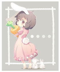 Rule 34 | 1girl, animal ears, bad id, bad pixiv id, barefoot, brown hair, carrot, dress, framed, highres, implied pantyshot, inaba tewi, looking at viewer, looking back, hugging object, pink dress, pink eyes, puffy sleeves, rabbit, rabbit ears, rabbit girl, rabbit tail, shiitake (mm0820), short sleeves, solo, tail, touhou