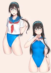 Rule 34 | 1girl, black hair, blue one-piece swimsuit, blue sailor collar, breasts, clothes lift, competition swimsuit, cowboy shot, cropped legs, glasses, green eyes, green hairband, hairband, highleg, highleg swimsuit, highres, kantai collection, lifting own clothes, long hair, looking at viewer, multiple views, neckerchief, one-piece swimsuit, ooyodo (kancolle), red neckerchief, sailor collar, sailor shirt, school uniform, semi-rimless eyewear, serafuku, shirt, shirt lift, simple background, small breasts, standing, swimsuit, swimsuit under clothes, under-rim eyewear, white background, white shirt, yuuji (and)