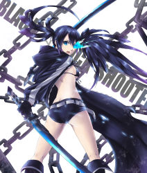 Rule 34 | 10s, 1girl, absurdres, ass, bad id, bad pixiv id, belt, bikini, bikini top only, black hair, black rock shooter, black rock shooter (character), blue eyes, boots, breasts, chain, coat, flat chest, glowing, glowing eyes, highres, jacket, long hair, looking back, midriff, open mouth, pen (steelleets), short shorts, shorts, sideboob, solo, swimsuit, sword, twintails, uneven twintails, very long hair, weapon