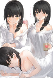 Rule 34 | 1girl, black hair, blush, breasts, closed mouth, collarbone, commentary request, cup, hand on own cheek, hand on own face, highres, holding, holding cup, kfr, long hair, looking at viewer, lying, medium breasts, multiple views, on back, one eye closed, original, shirt, smile, tongue, tongue out, translated, white background, white shirt, yellow eyes