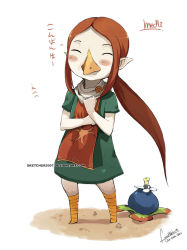Rule 34 | 10s, 1girl, 2010, beak, blush, closed eyes, dated, faustsketcher, long hair, medli, monster girl, nintendo, plant, pointy ears, red hair, rito, signature, simple background, smile, solo, standing, the legend of zelda, the legend of zelda: the wind waker, translated, watermark, web address, white background
