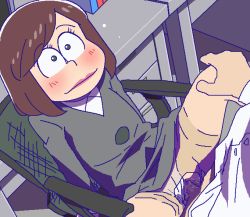 Rule 34 | 10s, 1boy, 1girl, arm support, black eyes, blush, brown hair, censored, chair, clothed sex, clothing aside, collared shirt, dress shirt, formal, hetero, leaning back, leg grab, lipstick, long sleeves, makeup, mosaic censoring, oekaki, office chair, office lady, osoko (osomatsu-san), osomatsu-san, osomatsu (series), panties, panties aside, pencil skirt, penis, pussy, see-through, see-through legwear, sex, shirt, short hair, sitting, skirt, skirt suit, smile, solo focus, spread legs, suit, swivel chair, table, thighhighs, tomu (tomubobu), underwear, upskirt