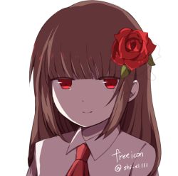 Rule 34 | 1girl, bad id, bad pixiv id, brown hair, commentary request, dress shirt, flower, ib (ib), ib (kouri), long hair, necktie, red eyes, red flower, red rose, rose, shirone (shiromame-0111), shirt, smile, solo