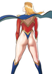 Rule 34 | 1girl, aqua eyes, ass, back, blonde hair, blue cape, blue eyes, blue footwear, boots, cape, closed mouth, eighth wonder, floating hair, from behind, haruka clara, highleg, highleg leotard, highres, knee boots, kneepits, legs, legs apart, leotard, light smile, long hair, long legs, long sleeves, looking to the side, nappii (nappy happy), profile, red leotard, shoulder pads, simple background, smile, solo, standing, superhero costume, thighs, thong, thong leotard, turtleneck, uchi no musume ni te wo dasuna!, white background, wind, wind lift, wrist cuffs
