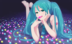 Rule 34 | 1girl, aqua eyes, aqua hair, aqua nails, barefoot, blurry, candy, depth of field, feet, food, hatsune miku, head rest, highres, long hair, lying, mikumix, nail polish, naughty face, necktie, on stomach, open mouth, smile, solo, the pose, tongue, twintails, vocaloid, watermark, yachiwo