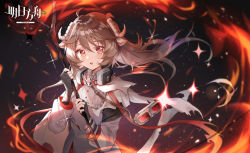 Rule 34 | 1girl, :o, absurdres, ahoge, arknights, black gloves, blush, brown hair, cape, chinese commentary, commentary request, copyright name, dress, eyjafjalla (arknights), fingerless gloves, fire, gloves, highres, holding, holding staff, horns, long hair, long sleeves, looking at viewer, mask, mask around neck, purple dress, red eyes, respirator, sheep girl, sheep horns, shuming, sidelocks, solo, staff, teeth, upper teeth only, white cape