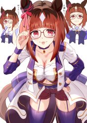 Rule 34 | 1girl, :p, absurdres, animal ears, bow, ear ornament, ear ribbon, glasses, highres, horse ears, horse girl, horse tail, looking at viewer, multiple views, red-framed eyewear, ribbon, school uniform, simple background, tail, taki rentaro, thighhighs, tongue, tongue out, tracen school uniform, transcend (umamusume), umamusume