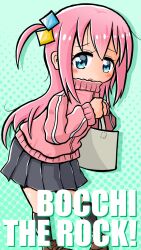 Rule 34 | 1girl, aqua background, bag, black skirt, blue eyes, bocchi the rock!, brown footwear, copyright name, cube hair ornament, gotoh hitori, gotthi, grey bag, hair between eyes, hair ornament, handbag, highres, jacket, leaning forward, loafers, long hair, looking at viewer, messy hair, pink hair, pink jacket, pleated skirt, shoes, simple background, skirt, solo, track jacket, very long hair