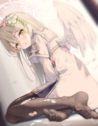 Rule 34 | 1girl, absurdres, aged down, black pantyhose, blue archive, blush, dress, feathered wings, feet, flower, gou 213, hair flower, hair ornament, halo, highres, light brown hair, looking at viewer, looking back, nagisa (blue archive), pantyhose, school uniform, soles, solo, sweatdrop, toes, torn clothes, torn pantyhose, white dress, white wings, wings