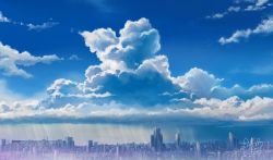 Rule 34 | absurdres, aki (aki k6), blue sky, building, city, cityscape, cloud, cloudy sky, cumulonimbus cloud, day, highres, no humans, original, outdoors, scenery, signature, sky, skyline, skyscraper, sunlight