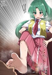 Rule 34 | 1girl, barefoot, blush, clothed female nude male, cum, ejaculation, erection, feet, green eyes, green hair, hands on own hips, higurashi no naku koro ni, long hair, nude, open mouth, ponytail, smell, smelling, soles, sonozaki mion, steam, sweat, toes