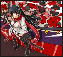 Rule 34 | 1girl, anabuki tomoko, animal ears, black eyes, black hair, breasts, card, card background, cherry blossoms, clog sandals, floral background, floral print, flower, from above, hanafuda, hi-ho-, hime cut, japanese clothes, katana, kimono, large breasts, long hair, looking at viewer, red scarf, sandals, scarf, sheath, short kimono, sideboob, solo, strike witches, strike witches: suomus misfits squadron, sword, thighhighs, unsheathing, weapon, wide sleeves, world witches series, zouri